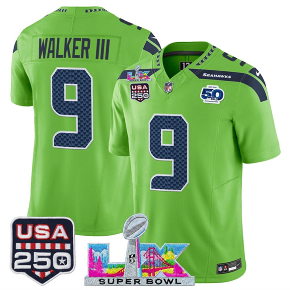 Men's Seattle Seahawks #9 Kenneth Walker III Green 2025 F.U.S.E. Super Bowl LX Patch And 50th Season & USA 250' Patch Vapor Limited Football Stitched Jersey