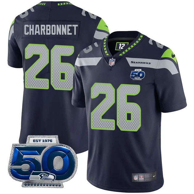 Men's Seattle Seahawks 50th Season Vapor Limited Jersey BLACK #26 ZACH CHARBONNET.webp
