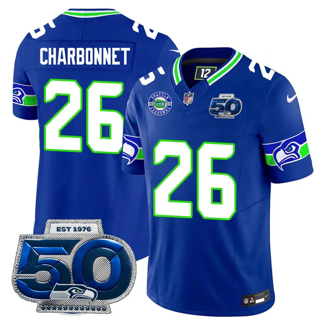 Men's Seattle Seahawks 50th Season Vapor Limited Jersey BLUE #26 ZACH CHARBONNET.webp