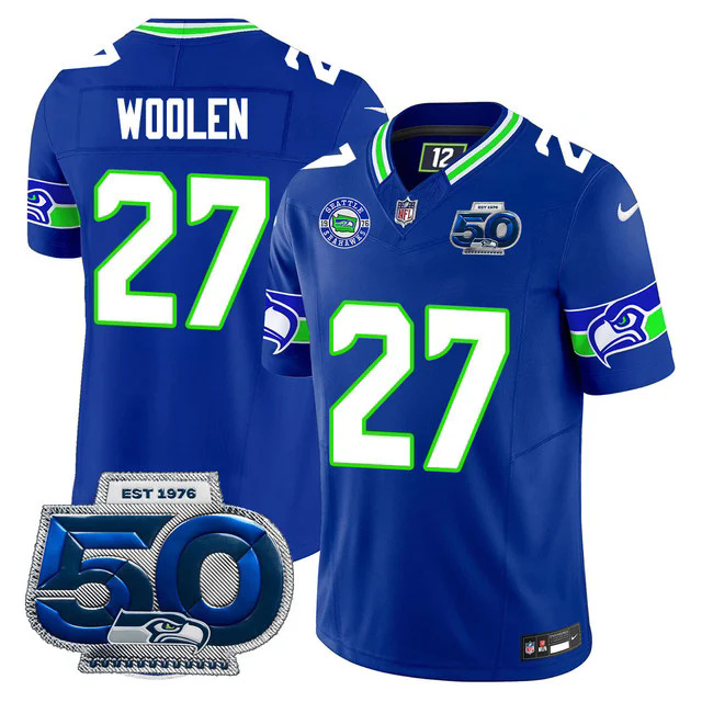 Men's Seattle Seahawks 50th Season Vapor Limited Jersey BLUE #27 RIQ WOOLEN.webp