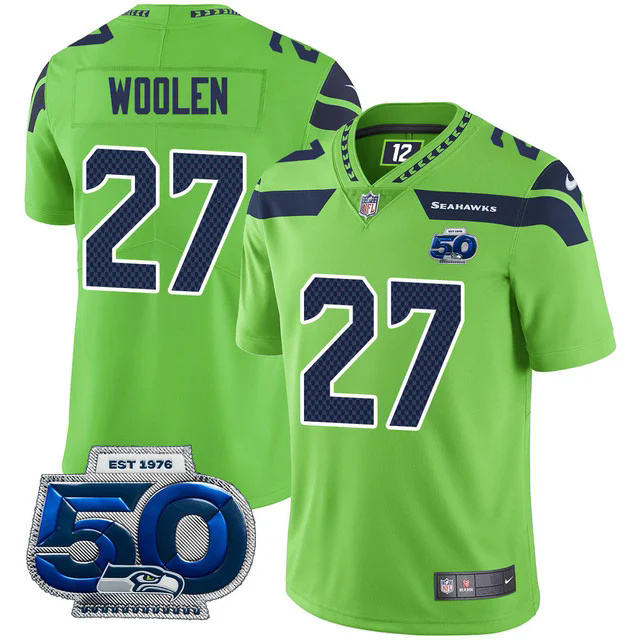 Men's Seattle Seahawks 50th Season Vapor Limited Jersey GREEN #27 RIQ WOOLEN.webp