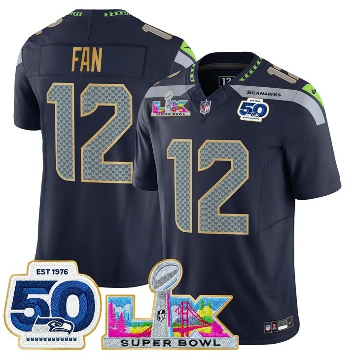Men's Seattle Seahawks Super Bowl LX & 50th Patch Gold Trim Vapor Limited Jersey COLLEGE NAVY#12 TH FAN