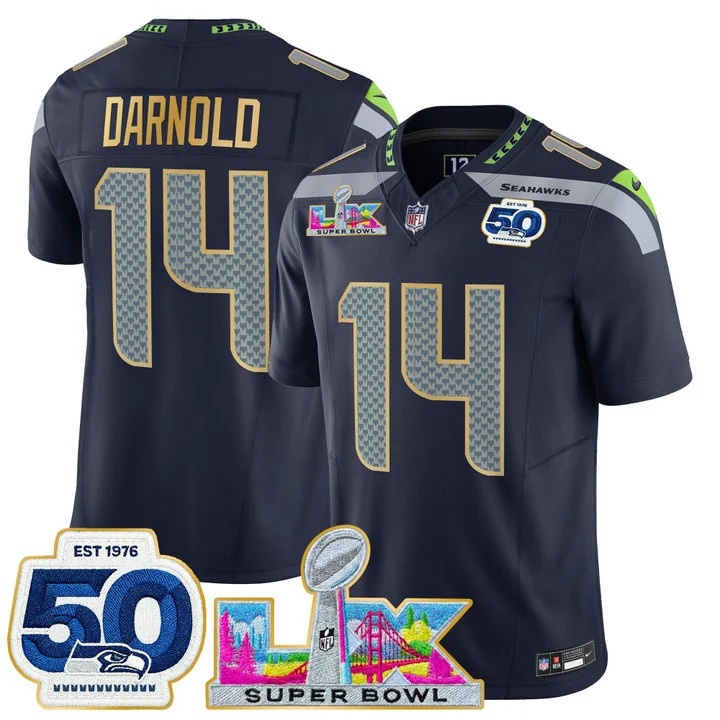 Men's Seattle Seahawks Super Bowl LX & 50th Patch Gold Trim Vapor Limited Jersey COLLEGE NAVY#14 SAM DARNOLD