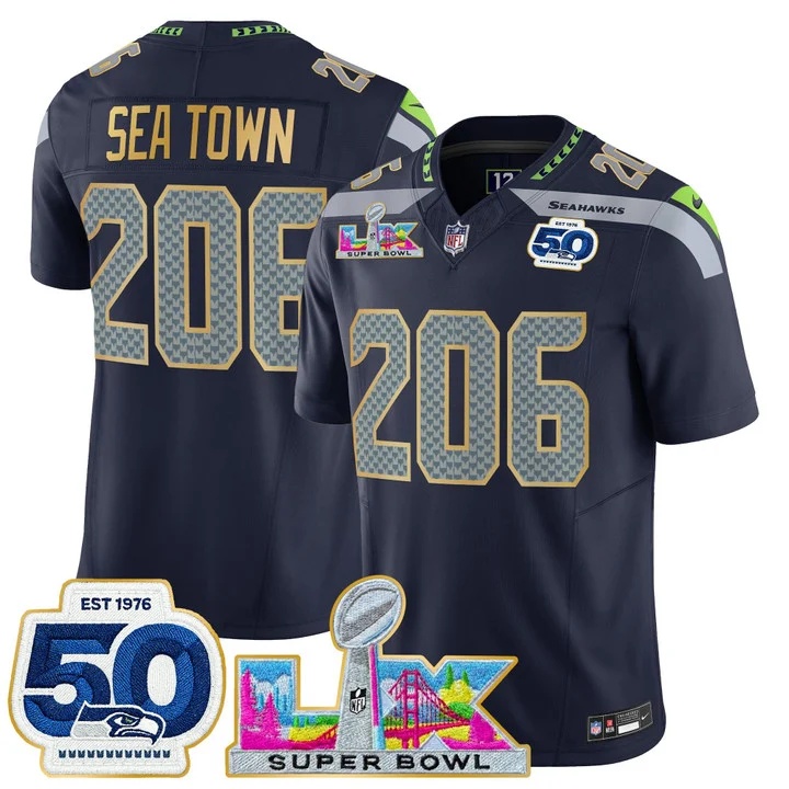 Men's Seattle Seahawks Super Bowl LX & 50th Patch Gold Trim Vapor Limited Jersey COLLEGE NAVY#206 SEA TOWM
