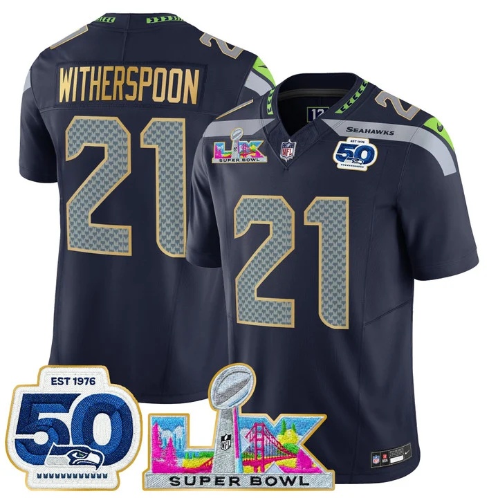 Men's Seattle Seahawks Super Bowl LX & 50th Patch Gold Trim Vapor Limited Jersey COLLEGE NAVY#21 DEVON WITHERSPOON