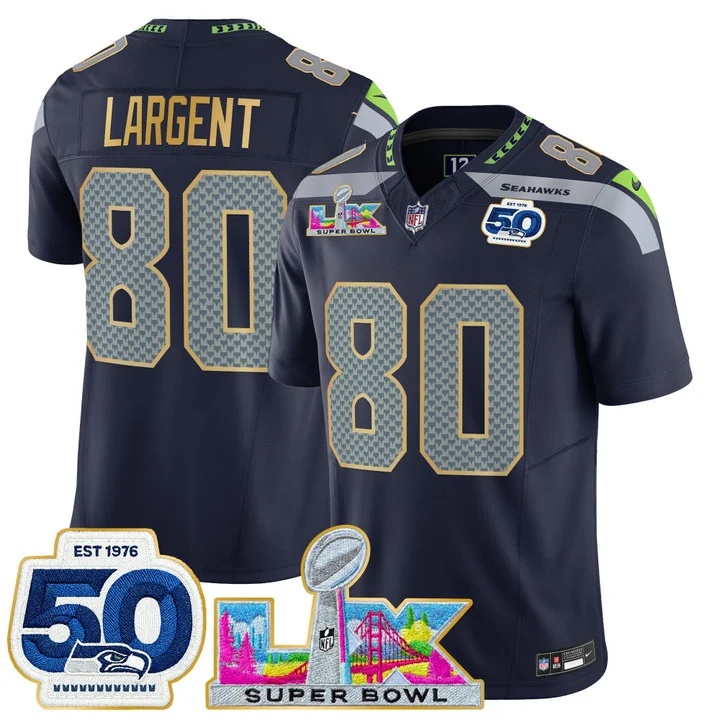 Men's Seattle Seahawks Super Bowl LX & 50th Patch Gold Trim Vapor Limited Jersey COLLEGE NAVY#80 STEVE LARGENT