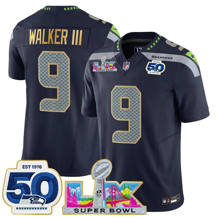 Men's Seattle Seahawks Super Bowl LX & 50th Patch Gold Trim Vapor Limited Jersey COLLEGE NAVY#9 WALKER III