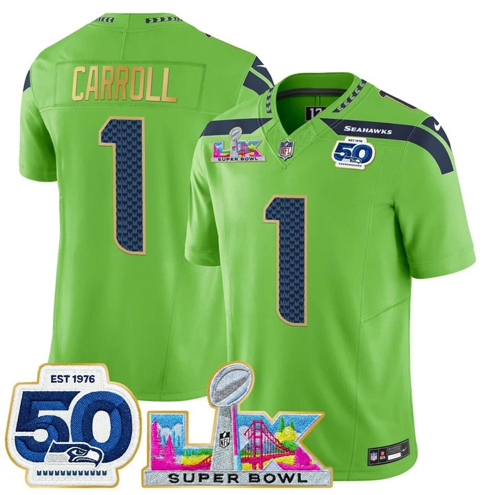 Men's Seattle Seahawks Super Bowl LX & 50th Patch Gold Trim Vapor Limited Jersey GREEN#1 PETE CARROLL