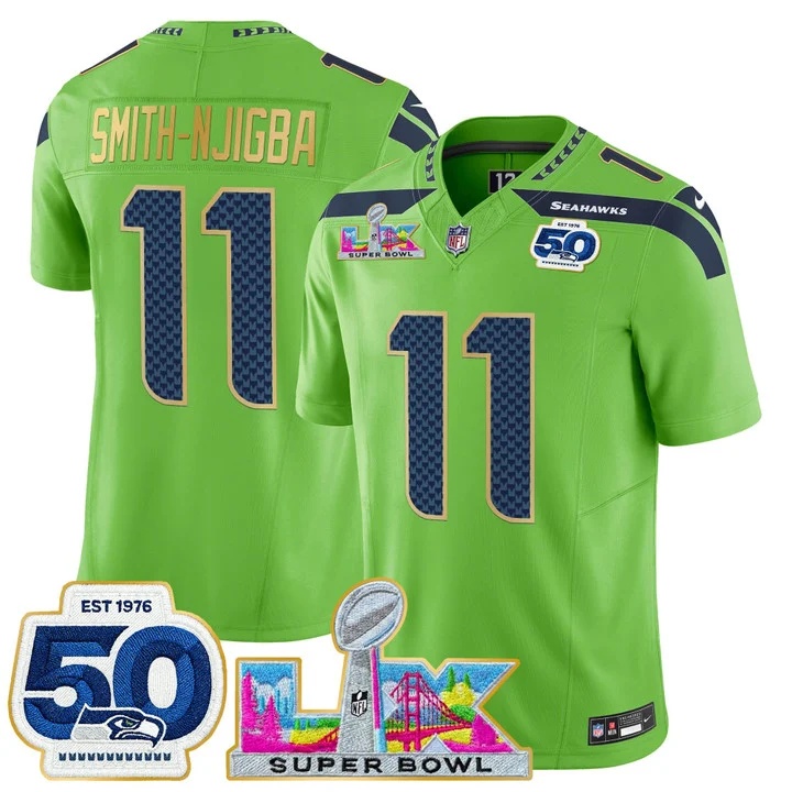 Men's Seattle Seahawks Super Bowl LX & 50th Patch Gold Trim Vapor Limited Jersey GREEN#11 SMITH-NJIGBA