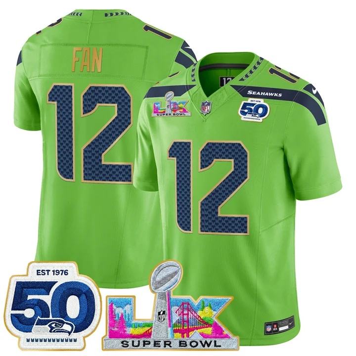Men's Seattle Seahawks Super Bowl LX & 50th Patch Gold Trim Vapor Limited Jersey GREEN#12 TH FAN