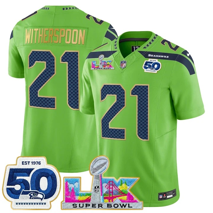 Men's Seattle Seahawks Super Bowl LX & 50th Patch Gold Trim Vapor Limited Jersey GREEN#21 DEVON WITHERSPOON