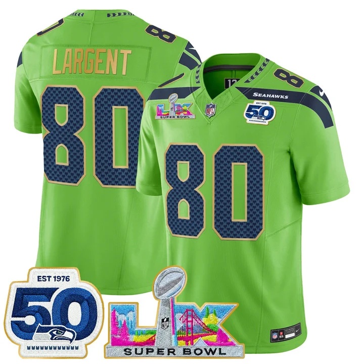 Men's Seattle Seahawks Super Bowl LX & 50th Patch Gold Trim Vapor Limited Jersey GREEN#80 STEVE LARGENT
