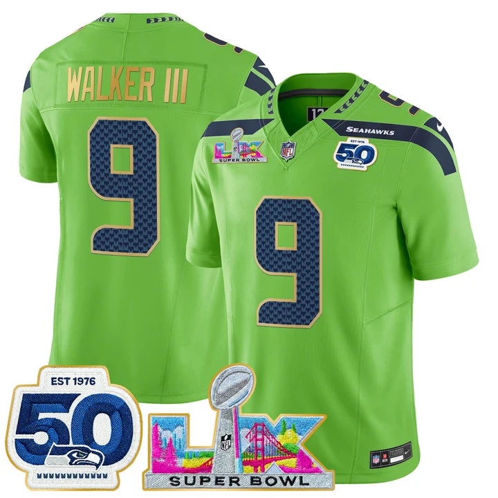 Men's Seattle Seahawks Super Bowl LX & 50th Patch Gold Trim Vapor Limited Jersey GREEN#9 WALKER III