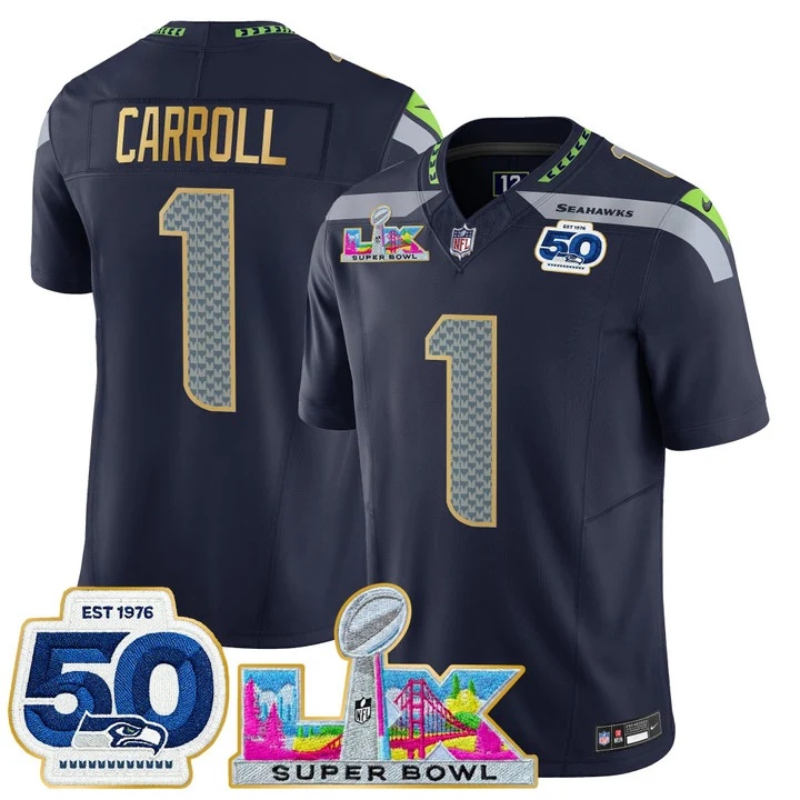 Men's Seattle Seahawks Super Bowl LX & 50th Patch Gold Trim Vapor Limited Jersey PETE CARROLL#1 PETE CARROLL