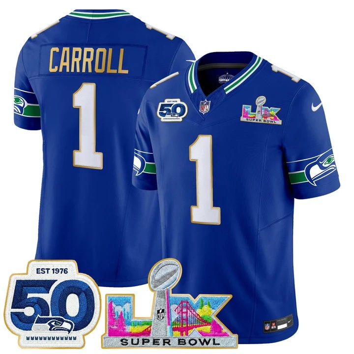 Men's Seattle Seahawks Super Bowl LX & 50th Patch Gold Trim Vapor Limited Jersey ROYAL#1 PETE CARROLL