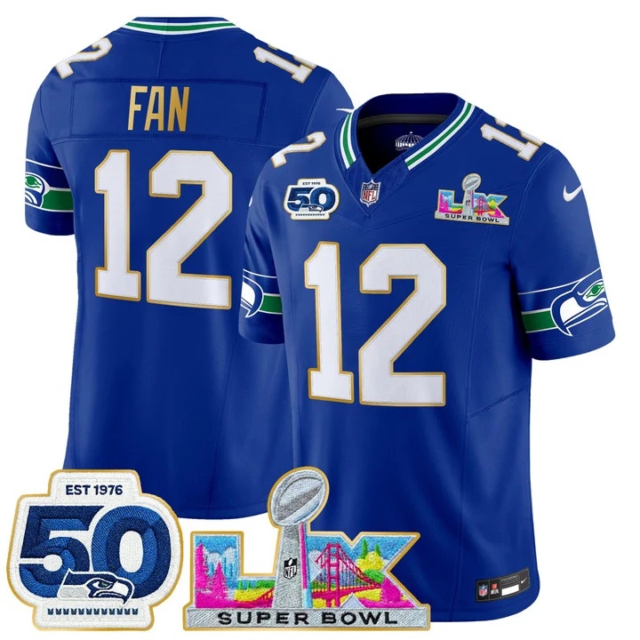 Men's Seattle Seahawks Super Bowl LX & 50th Patch Gold Trim Vapor Limited Jersey ROYAL#12 TH FAN