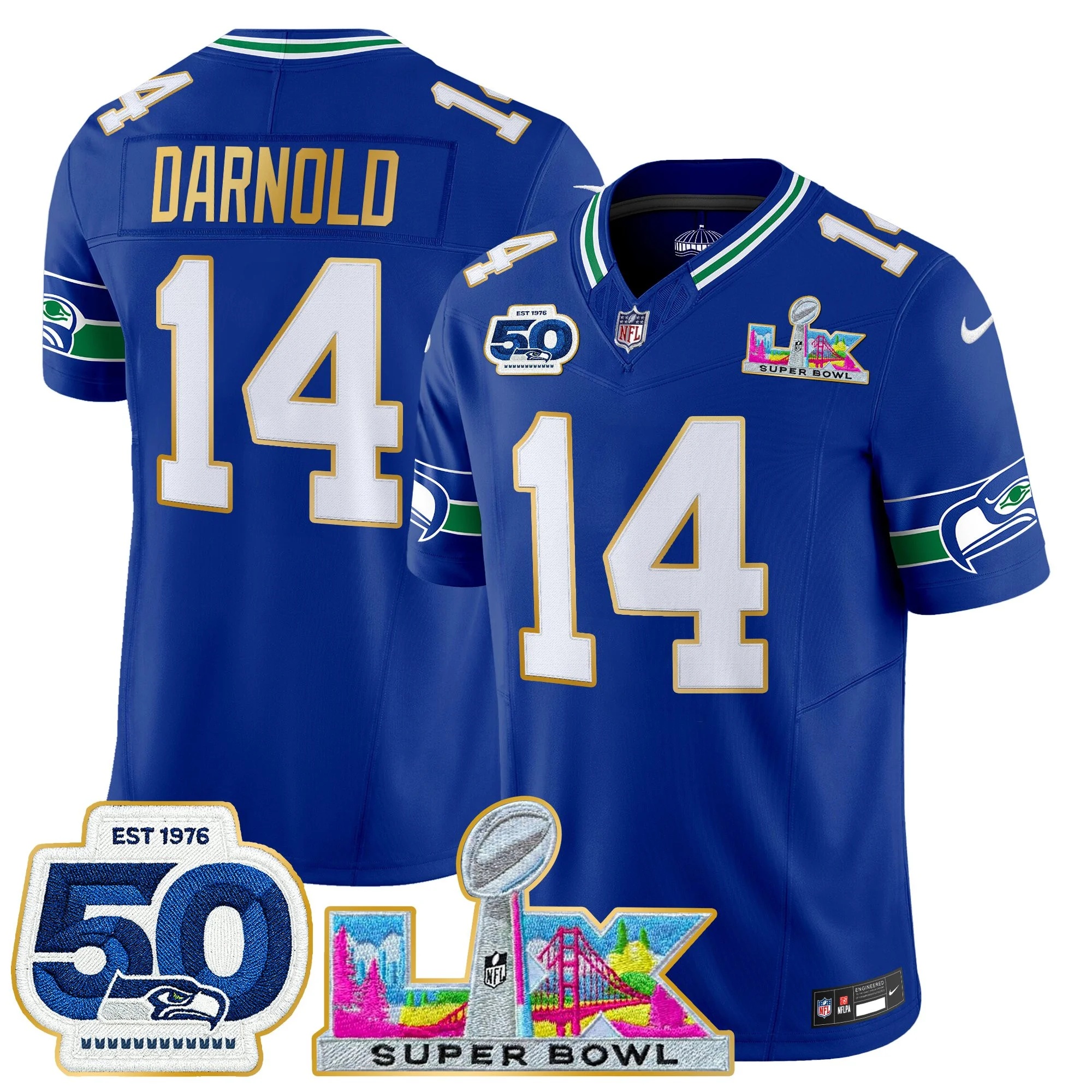 Men's Seattle Seahawks Super Bowl LX & 50th Patch Gold Trim Vapor Limited Jersey ROYAL#14 SAM DARNOLD