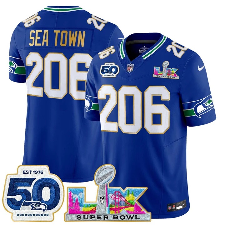 Men's Seattle Seahawks Super Bowl LX & 50th Patch Gold Trim Vapor Limited Jersey ROYAL#206 SEA TOWM