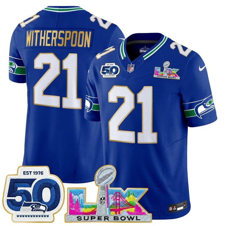 Men's Seattle Seahawks Super Bowl LX & 50th Patch Gold Trim Vapor Limited Jersey ROYAL#21 DEVON WITHERSPOON