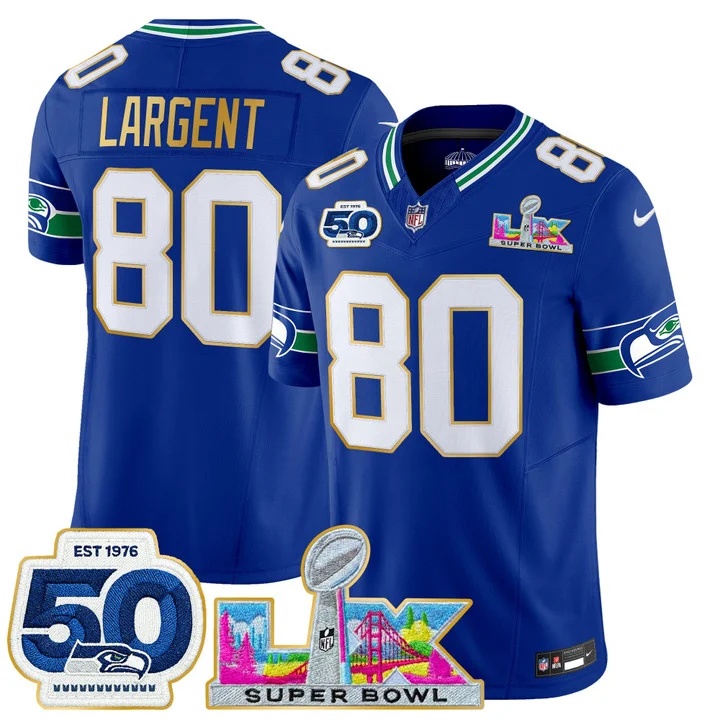 Men's Seattle Seahawks Super Bowl LX & 50th Patch Gold Trim Vapor Limited Jersey ROYAL#80 STEVE LARGENT