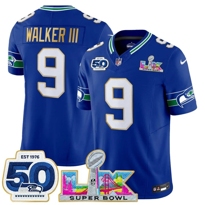 Men's Seattle Seahawks Super Bowl LX & 50th Patch Gold Trim Vapor Limited Jersey ROYAL#9 WALKER III