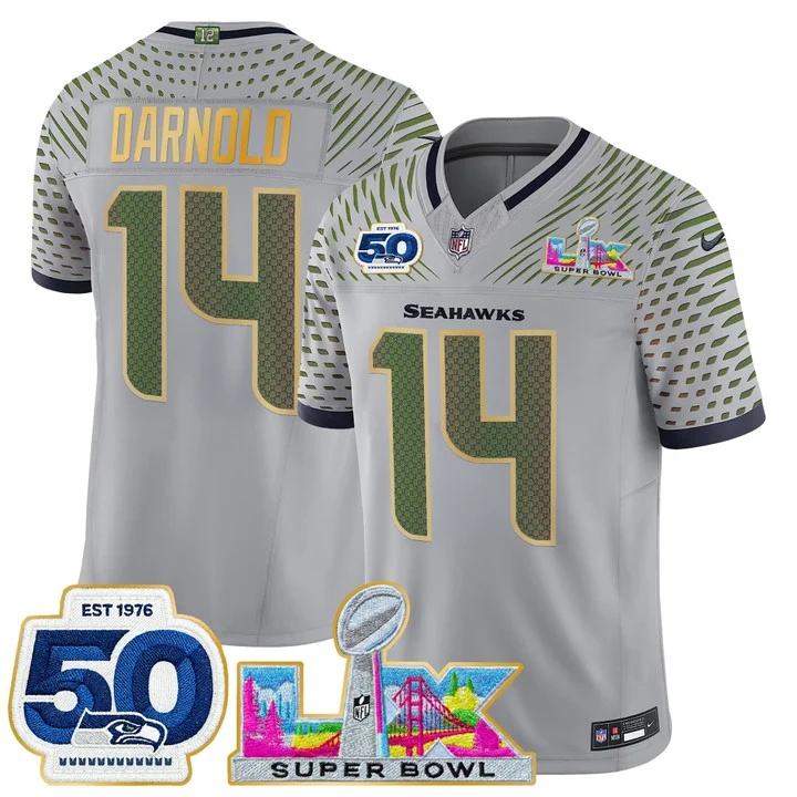 Men's Seattle Seahawks Super Bowl LX & 50th Patch Gold Trim Vapor Limited Jersey SAM DARNOLD#14 SAM DARNOLD