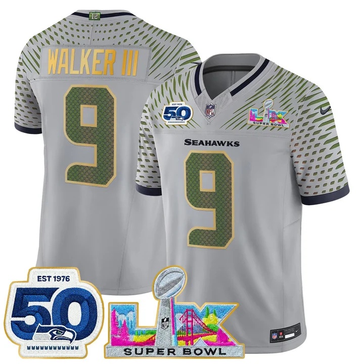 Men's Seattle Seahawks Super Bowl LX & 50th Patch Gold Trim Vapor Limited Jersey WOLF  GRAY#9 WALKER III