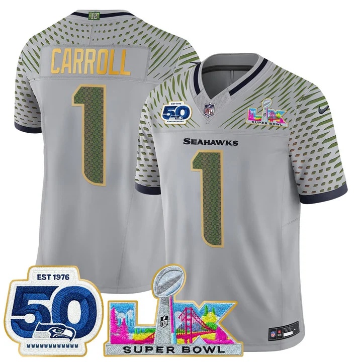Men's Seattle Seahawks Super Bowl LX & 50th Patch Gold Trim Vapor Limited Jersey WOLF GRAY#1 PETE CARROLL