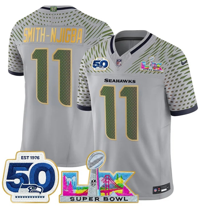 Men's Seattle Seahawks Super Bowl LX & 50th Patch Gold Trim Vapor Limited Jersey WOLF GRAY#11 SMITH-NJIGBA