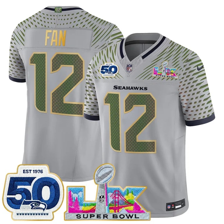 Men's Seattle Seahawks Super Bowl LX & 50th Patch Gold Trim Vapor Limited Jersey WOLF GRAY#12 TH FAN
