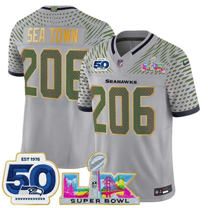 Men's Seattle Seahawks Super Bowl LX & 50th Patch Gold Trim Vapor Limited Jersey WOLF GRAY#206 SEA TOWM