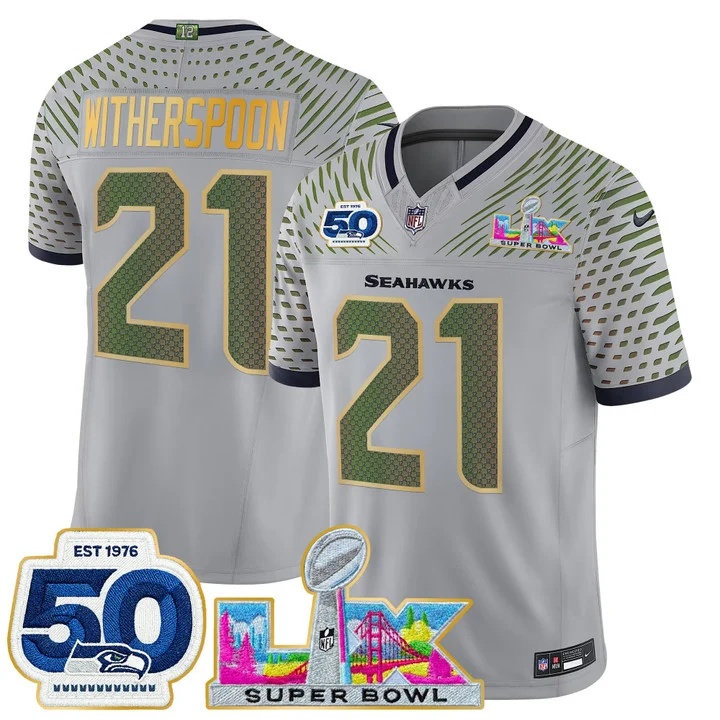 Men's Seattle Seahawks Super Bowl LX & 50th Patch Gold Trim Vapor Limited Jersey WOLF GRAY#21 DEVON WITHERSPOON