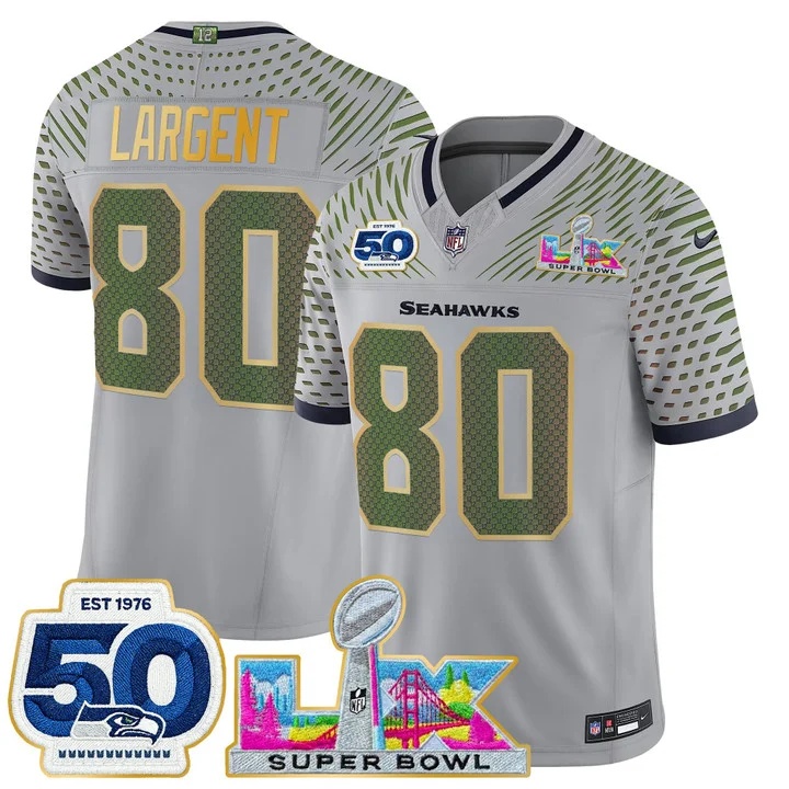 Men's Seattle Seahawks Super Bowl LX & 50th Patch Gold Trim Vapor Limited JerseyWOLF GRAY#80 STEVE LARGENT