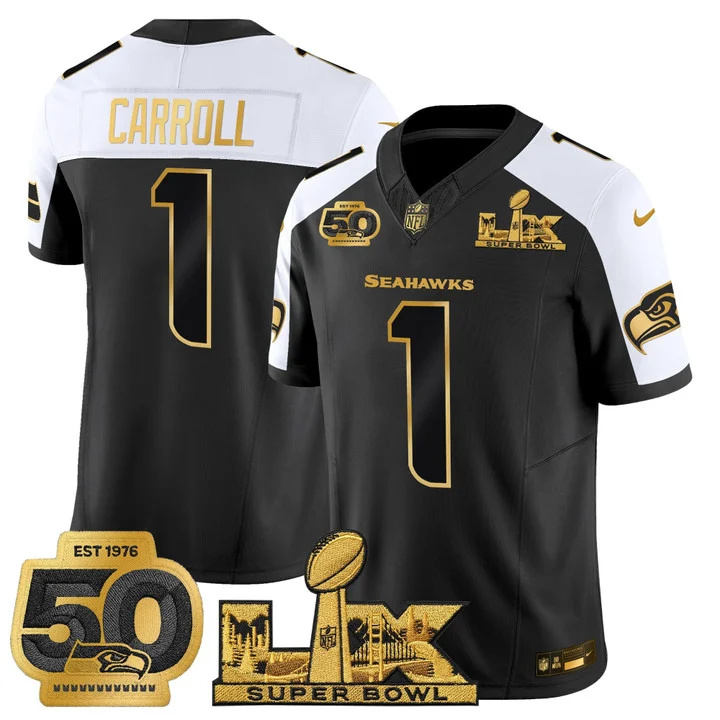 Men's Seattle Seahawks Super Bowl LX & 50th Patch Gold Vapor Limited Jersey BLACK ALTERNATE#1 PETE CARROLL
