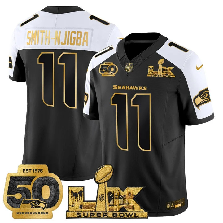Men's Seattle Seahawks Super Bowl LX & 50th Patch Gold Vapor Limited Jersey BLACK ALTERNATE#11  SMITH-NJIGBA
