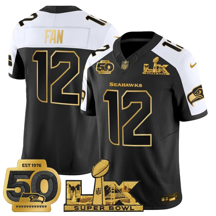 Men's Seattle Seahawks Super Bowl LX & 50th Patch Gold Vapor Limited Jersey BLACK ALTERNATE#12 TH FAN