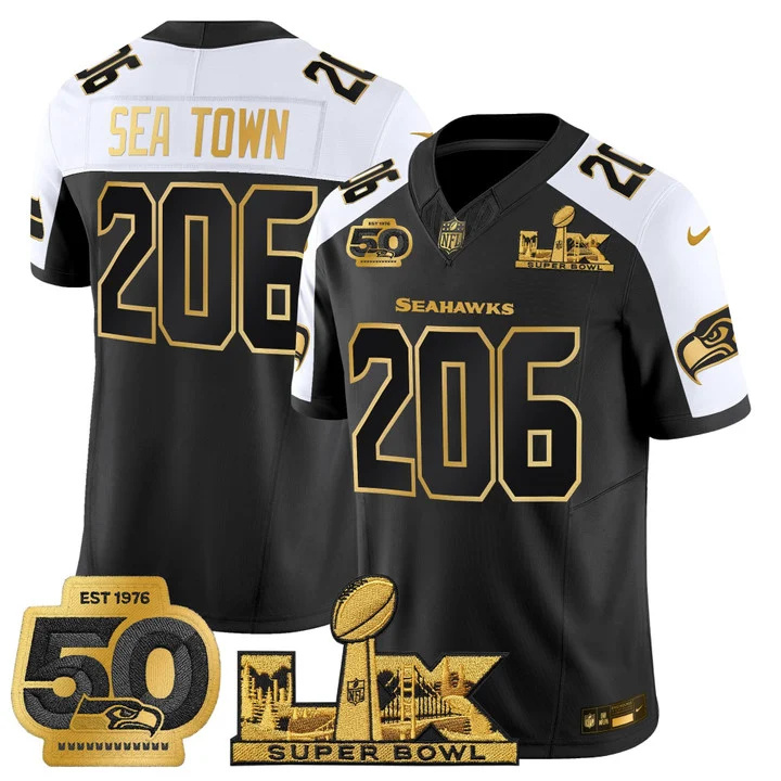Men's Seattle Seahawks Super Bowl LX & 50th Patch Gold Vapor Limited Jersey BLACK ALTERNATE#206 SEA TOWN