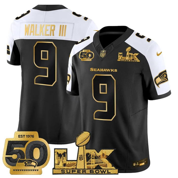 Men's Seattle Seahawks Super Bowl LX & 50th Patch Gold Vapor Limited Jersey BLACK ALTERNATE#9 WALKER III