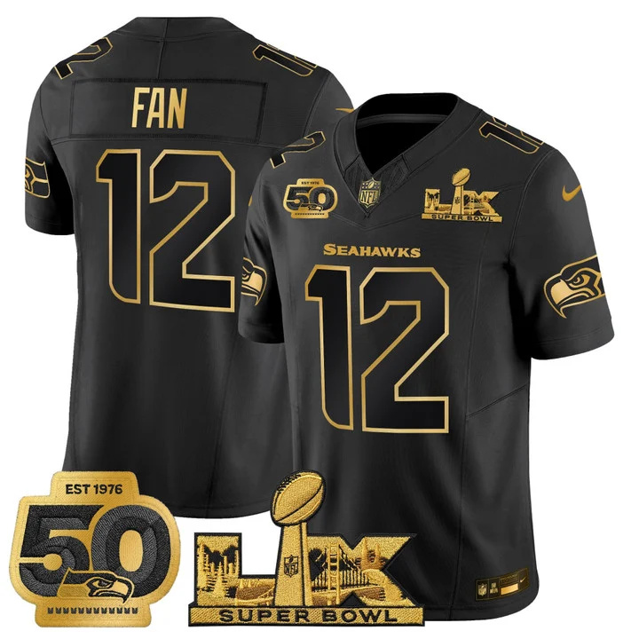 Men's Seattle Seahawks Super Bowl LX & 50th Patch Gold Vapor Limited Jersey BLACK GOLD#12 TH FAN