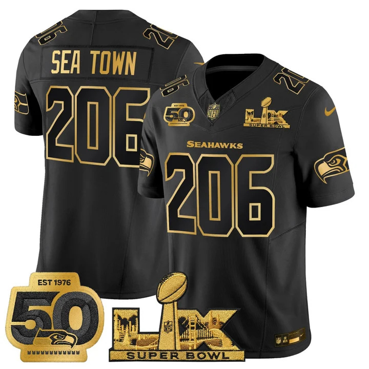 Men's Seattle Seahawks Super Bowl LX & 50th Patch Gold Vapor Limited Jersey BLACK GOLD#206 SEA TOWN