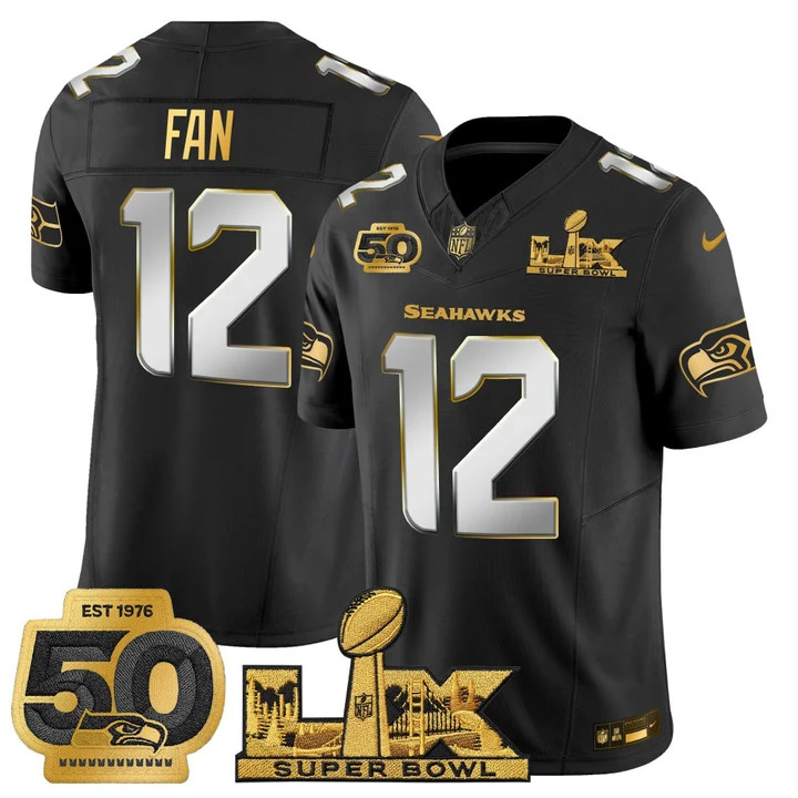 Men's Seattle Seahawks Super Bowl LX & 50th Patch Gold Vapor Limited Jersey BLACK LIMITED#12 TH FAN