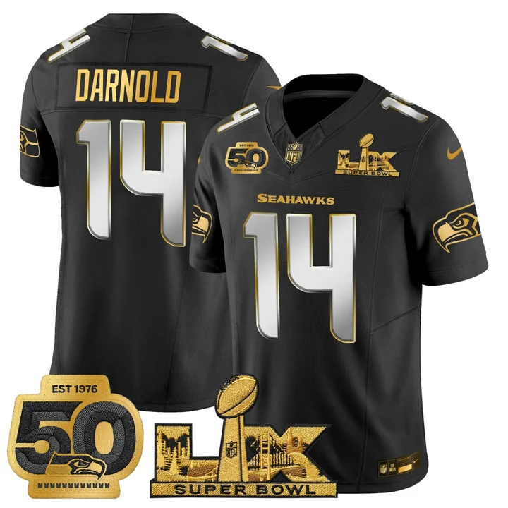 Men's Seattle Seahawks Super Bowl LX & 50th Patch Gold Vapor Limited Jersey BLACK LIMITED#14 SAM DARNOLD