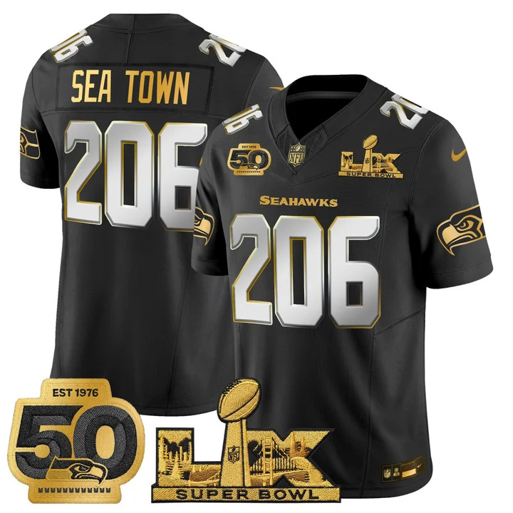 Men's Seattle Seahawks Super Bowl LX & 50th Patch Gold Vapor Limited Jersey BLACK LIMITED#206 SEA TOWN