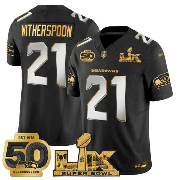 Men's Seattle Seahawks Super Bowl LX & 50th Patch Gold Vapor Limited Jersey BLACK LIMITED#21 DEVON WITHERSPOON