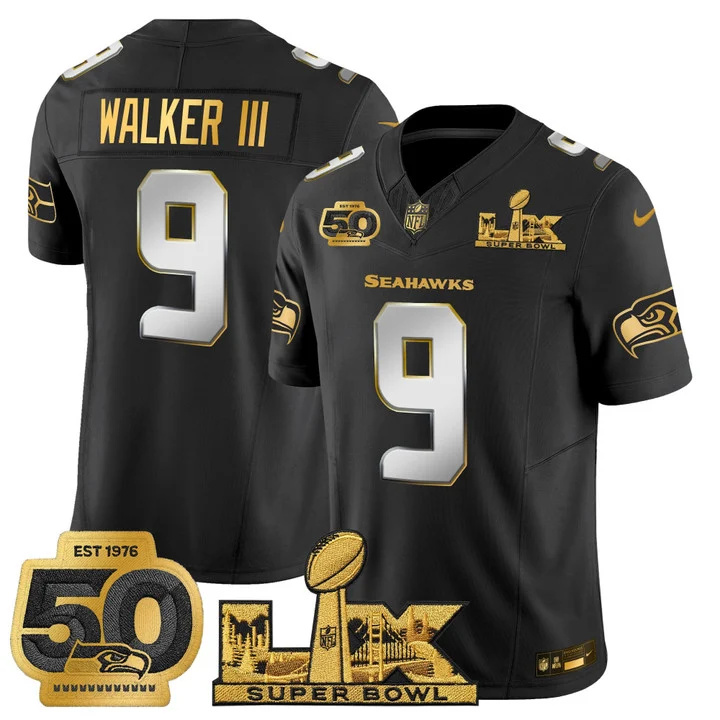 Men's Seattle Seahawks Super Bowl LX & 50th Patch Gold Vapor Limited Jersey BLACK LIMITED#9 WALKER III