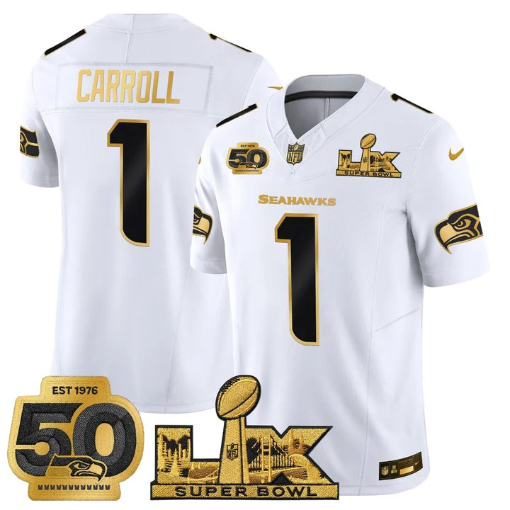 Men's Seattle Seahawks Super Bowl LX & 50th Patch Gold Vapor Limited Jersey WHITE GOLD#1 PETE CARROLL