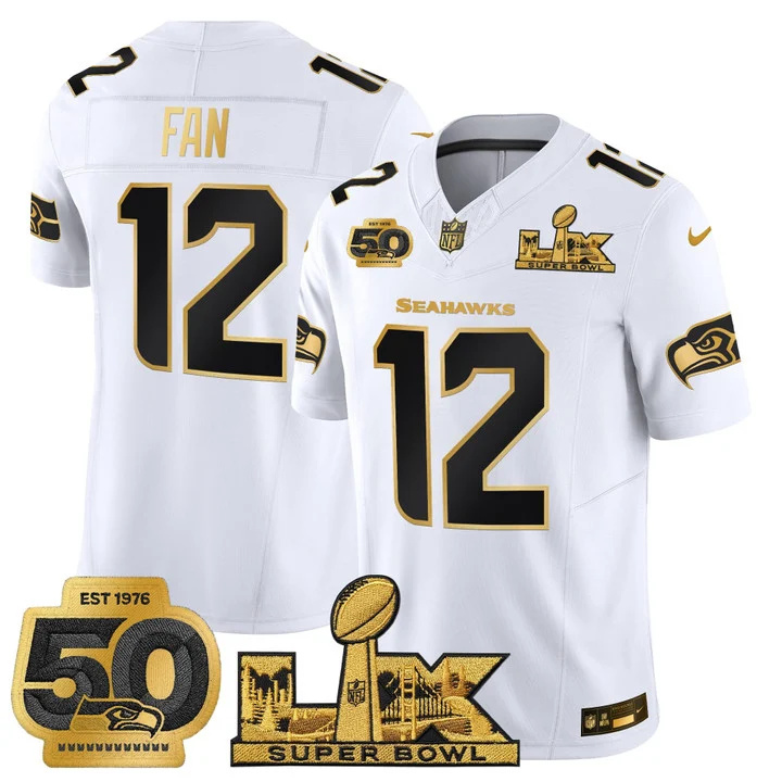 Men's Seattle Seahawks Super Bowl LX & 50th Patch Gold Vapor Limited Jersey WHITE GOLD#12 TH FAN