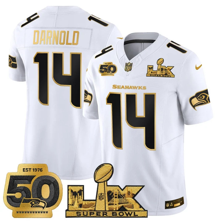 Men's Seattle Seahawks Super Bowl LX & 50th Patch Gold Vapor Limited Jersey WHITE GOLD#14 SAM DARNOLD