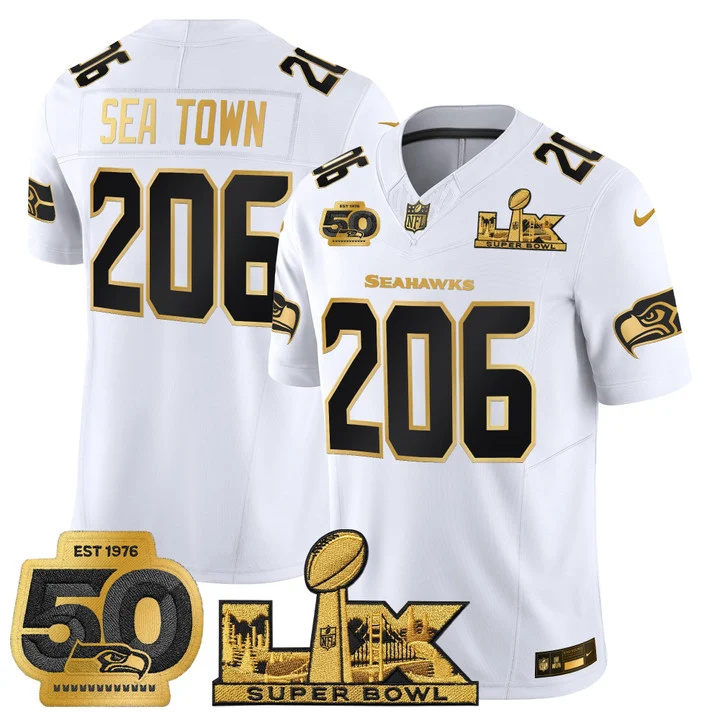 Men's Seattle Seahawks Super Bowl LX & 50th Patch Gold Vapor Limited Jersey WHITE GOLD#206 SEA TOWN