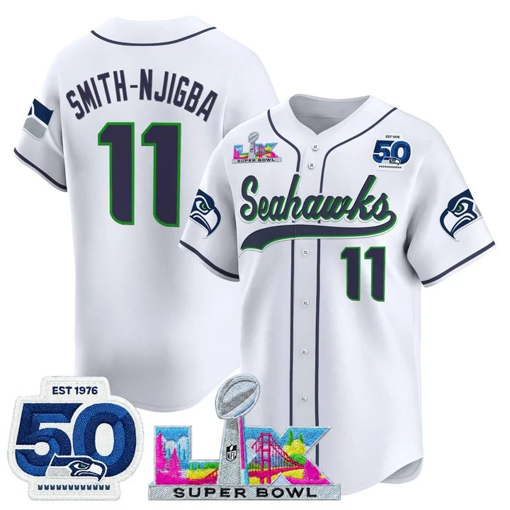 Men's Seattle Seahawks Super Bowl LX & United States 250th Anniversary Patch Vapor Baseball Jersey #11 Smith-Njigba
